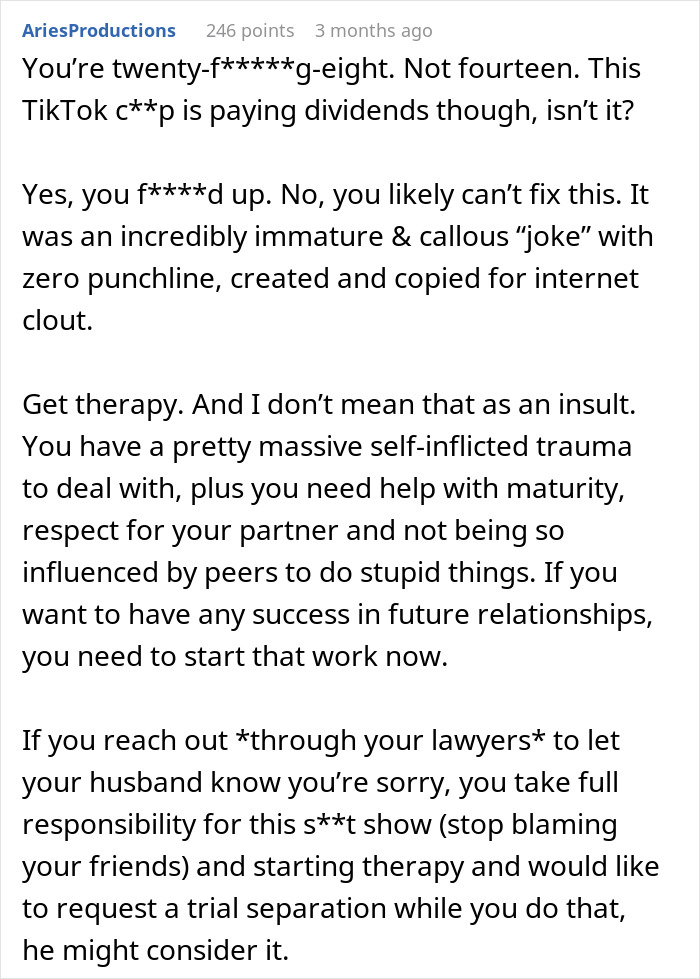 Image of a Reddit comment criticizing a woman's joke that led to her husband serving divorce papers.