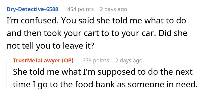 Reddit conversation about food bank visit instructions.