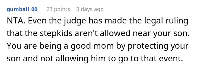 Reddit comment discussing a mom refusing her son from attending BBQ due to stepsiblings.