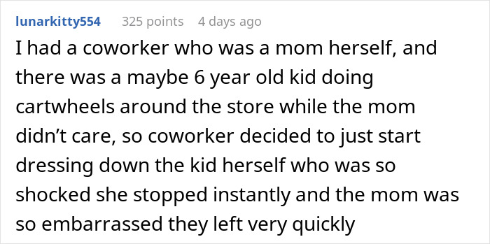 Reddit comment about a coworker's encounter with a child running in a store, discussing parental supervision. Reddit comment about a coworker's encounter with a child running in a store, discussing parental supervision.