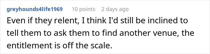 Reddit comment discussing a man refusing friends' use of his backyard for a wedding. Reddit comment discussing a man refusing friends' use of his backyard for a wedding.