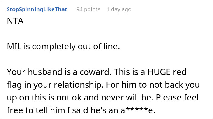 Reddit comment criticizing MIL for being out of line and husband for not supporting DIL.