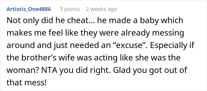 Reddit comment discussing a woman's breakup honesty, mentioning cheating and a complicated family situation.
