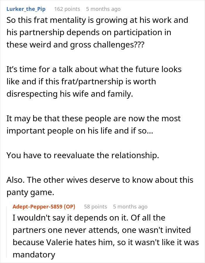 Reddit thread discussing husband's coworkers' game and its impact on marriage and partnerships.