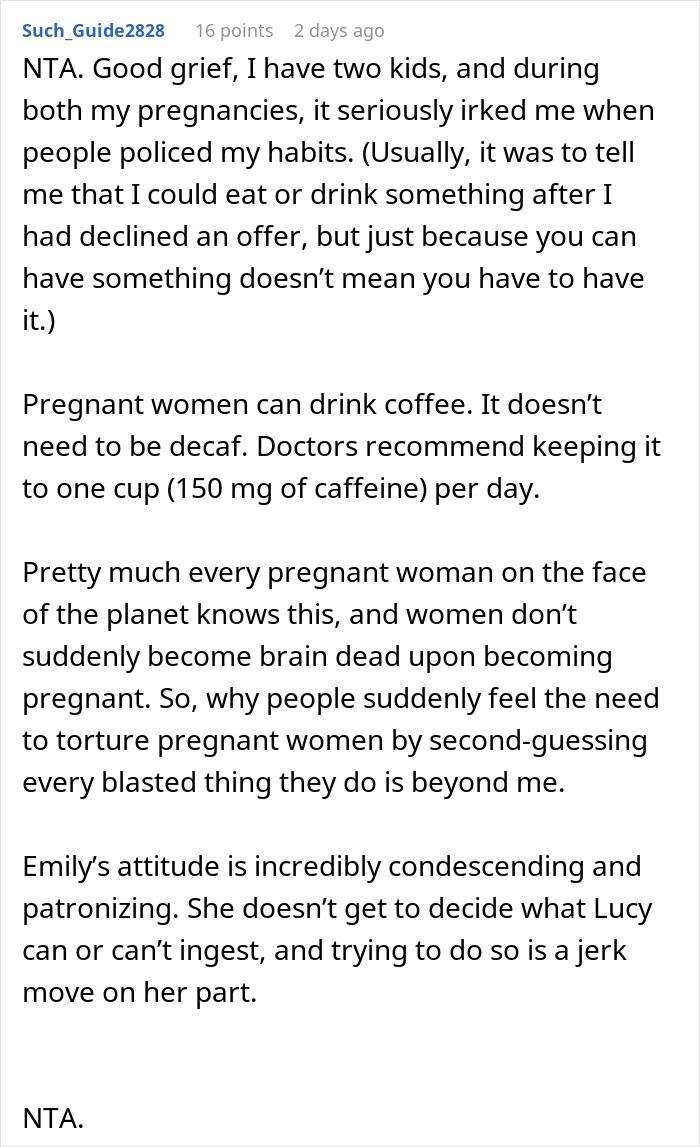 Reddit post discussing opinions on pregnant women drinking coffee, mentioning habit policing.