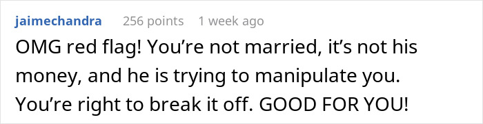 Reddit comment about a boyfriend's true colors after a woman's inheritance, warning of manipulation and celebrating her decision.