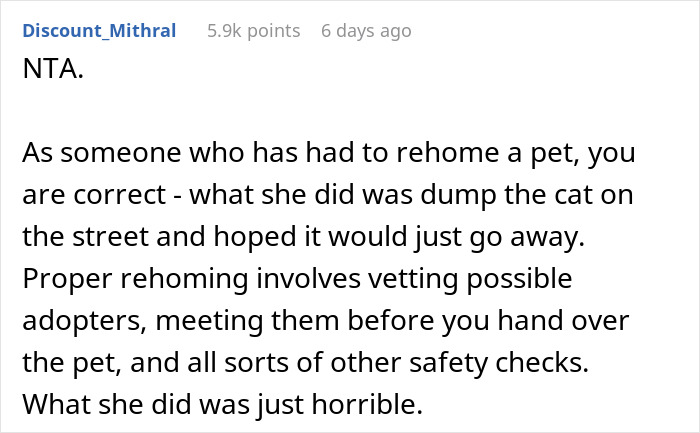 Reddit comment criticizing improper cat rehoming highlighting the irresponsibility of abandoning pets on the street.
