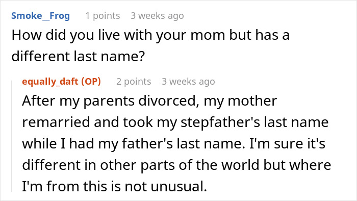 Reddit conversation discussing changes in last names after divorce and remarriage.