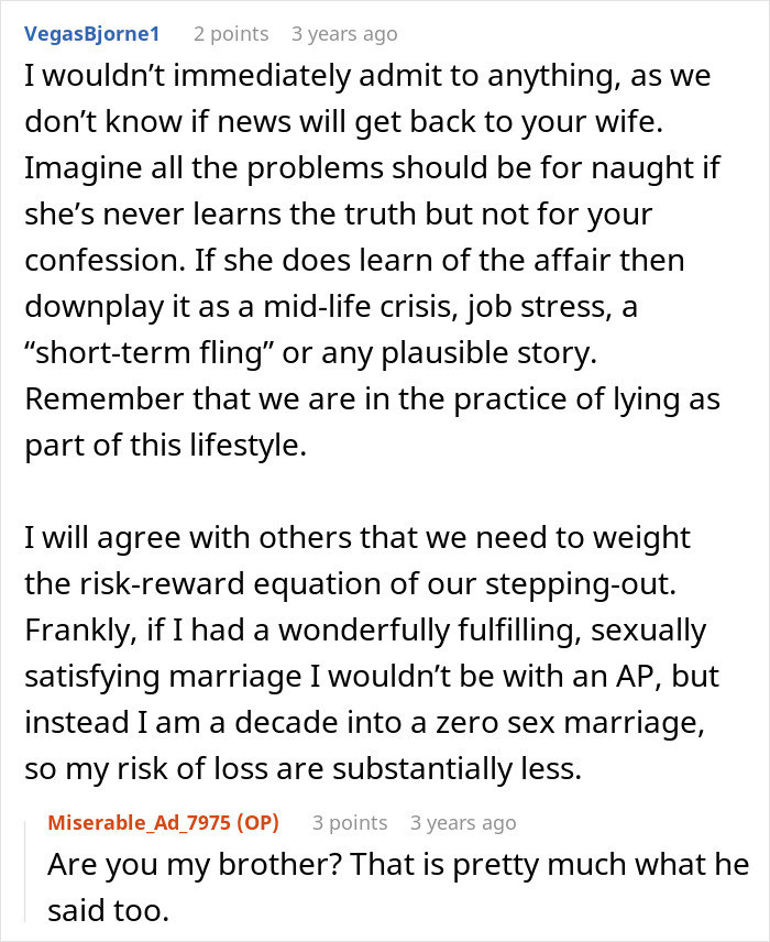 Reddit comment discussing a man's six-year affair and reflections on marriage secrets. Reddit comment discussing a man's six-year affair and reflections on marriage secrets.