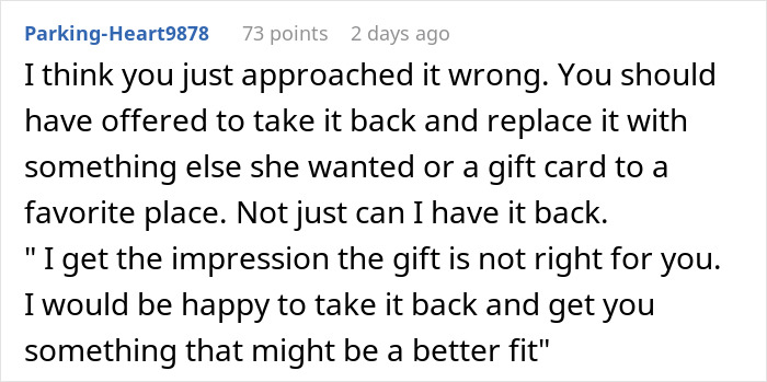 Text from a user comment suggesting a better approach to handling a gift exchange.