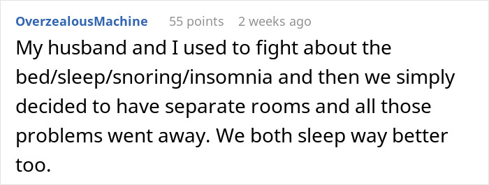 Reddit comment about a wife and husband solving sleep issues by moving to separate rooms.