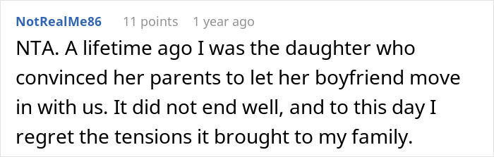 Reddit comment on moving out with boyfriend and family tensions.