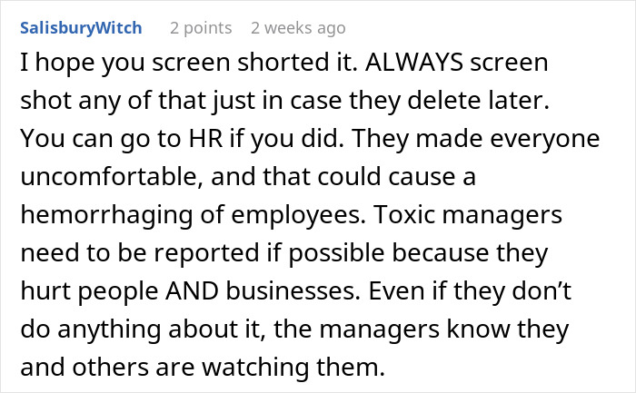 Text about managers making employees uncomfortable, screenshot advice given on handling the situation.
