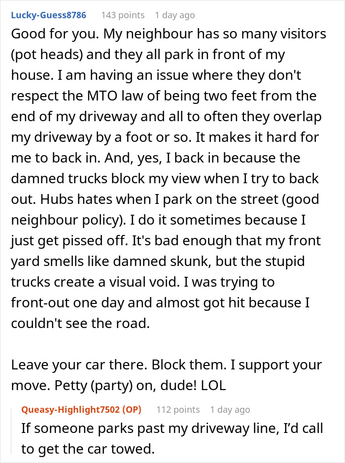 Reddit post discussing revenge on a neighbor over parking issues.