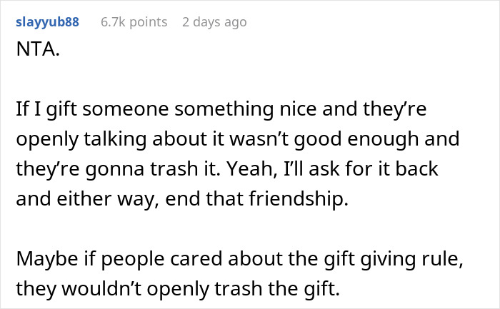 Comment discussing disapproval of trashing a gifted item, related to a woman buying fancy glasses for a friend.
