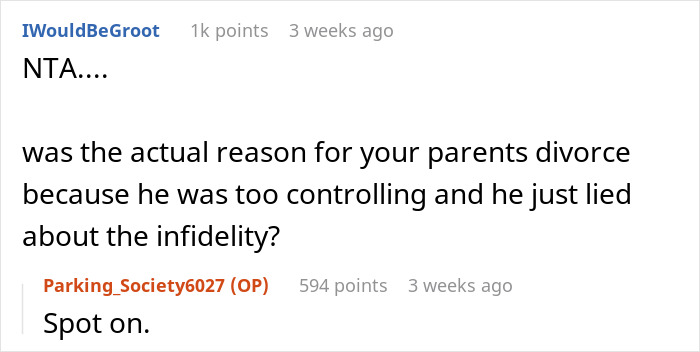 Reddit exchange discussing a controlling man, questioning the reason for a divorce.