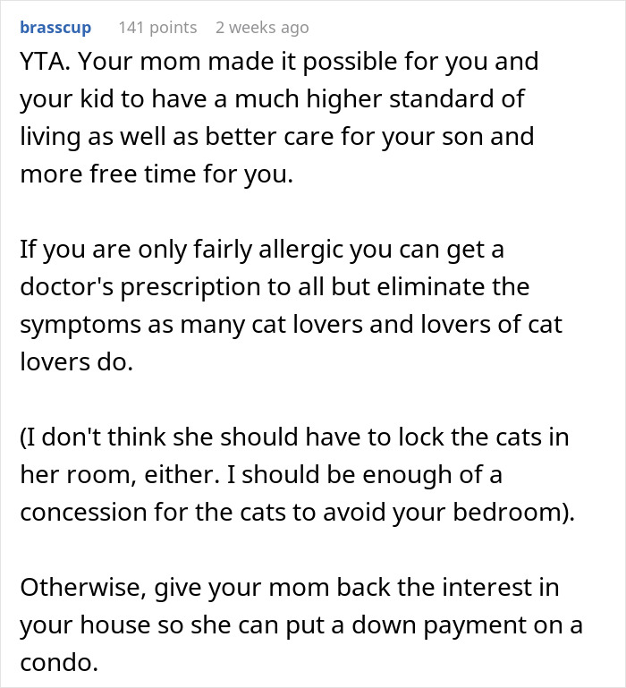Text discussing a son allergic to cats, with a suggestion for managing symptoms for cat lovers.