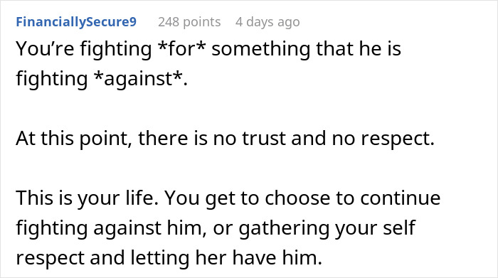 Text discussing relationship dynamics, highlighting lack of trust and respect, and the concept of a "work wife" affecting marriage.