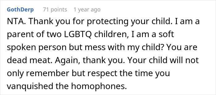 Comment supporting protection of gay children against homophobia, praising strong parental actions.