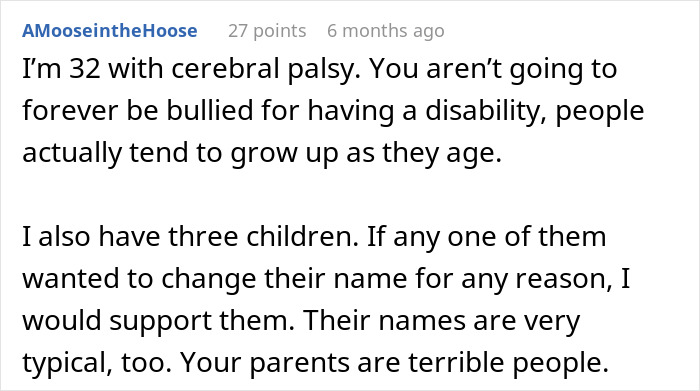Comment discussing parenting, disability, and name change support.