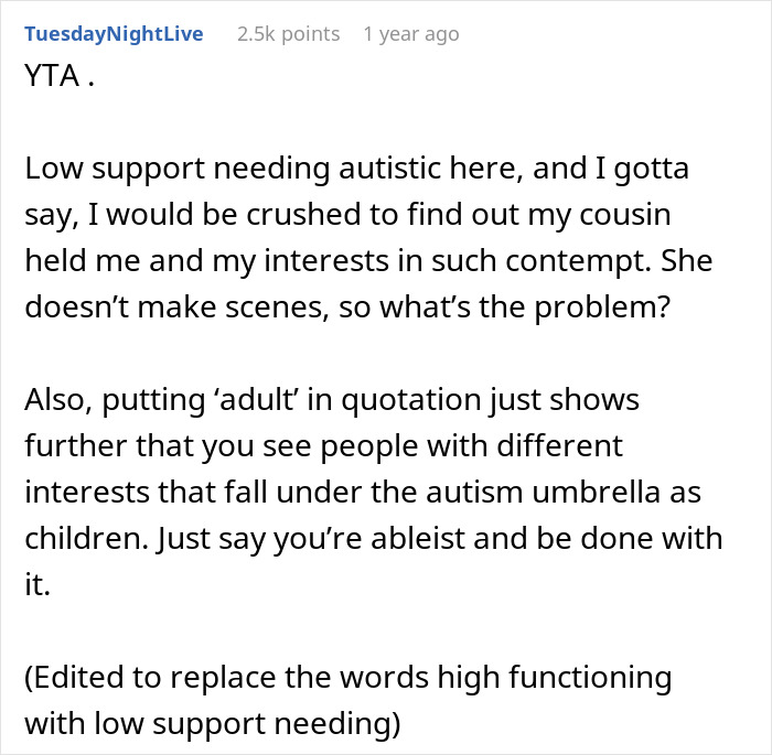 Reddit post criticizing "child-free wedding" policy that excluded an autistic adult cousin. Reddit post criticizing "child-free wedding" policy that excluded an autistic adult cousin.