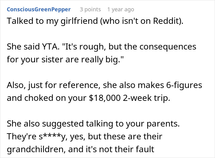 Reddit comment discussing an $18K trip, advice on family issues, and consequences for a sister.