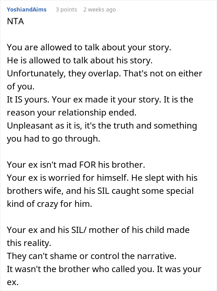 Text post discussing ex's family reaction to breakup truth, emphasizing honesty and personal narrative rights.