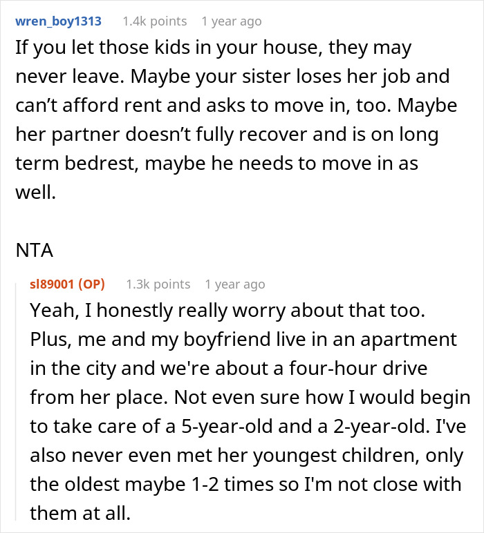 Reddit exchange discussing a woman's refusal to rebook a costly trip, citing concerns about her sister's request for help.