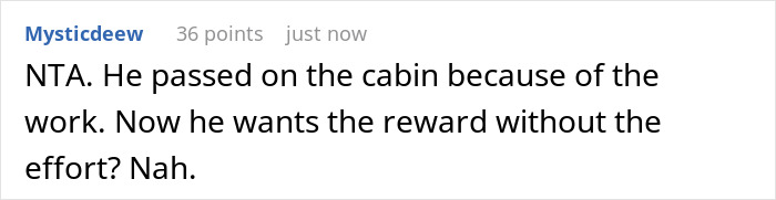 Reddit comment discussing the fairness of paying to use the family cabin. Reddit comment discussing the fairness of paying to use the family cabin.