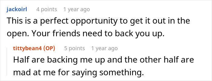 Text conversation about friends backing someone up against a serial moocher. Text conversation about friends backing someone up against a serial moocher.