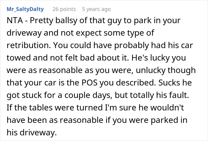 Text exchange about a neighbor parking in someone's driveway, discussing potential consequences and reactions. Text exchange about a neighbor parking in someone's driveway, discussing potential consequences and reactions.