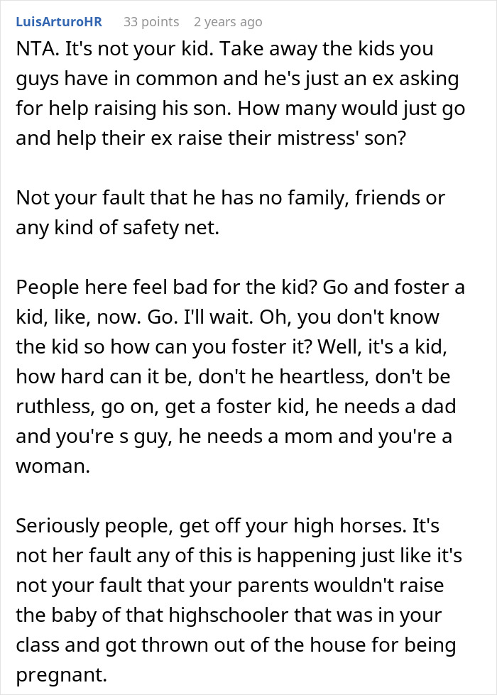 Reddit user's comment criticizing a woman for not supporting her ex's affair child. Reddit user's comment criticizing a woman for not supporting her ex's affair child.