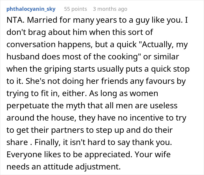 Reddit comment discussing household roles, husband's contributions, and wife's need for appreciation.