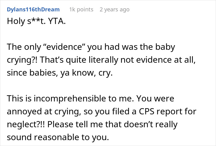 Comment criticizing a woman for calling CPS over a toddler's tantrums, stating crying isn't evidence of neglect.