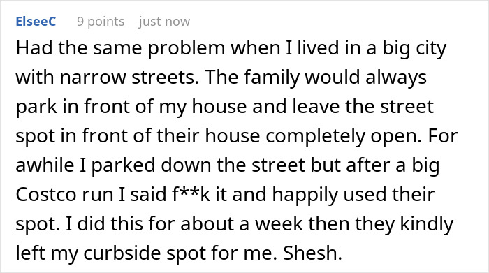 Text story about a person getting revenge on a neighbor who parks wherever they want.