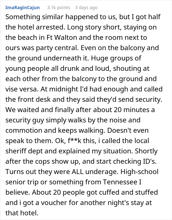 Text story of hotel room neighbors causing disturbance after partying too hard.