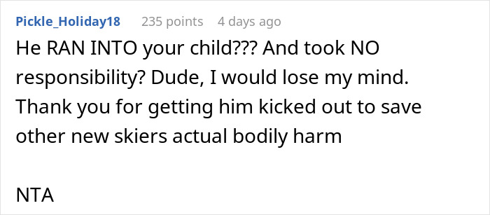 Comment criticizing a skier for hitting a child on a beginner trail, prompting ski patrol intervention.