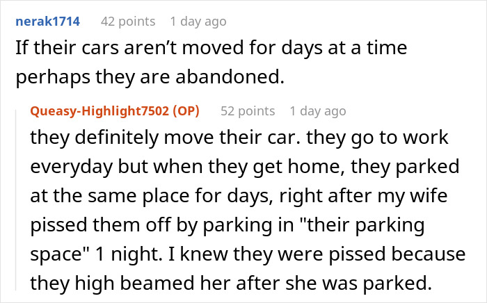 Reddit comments discussing neighbor parking disputes and revenge strategies.