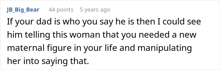 Reddit comment suggesting dad's influence on a girlfriend's actions regarding a new maternal role. Reddit comment suggesting dad's influence on a girlfriend's actions regarding a new maternal role.