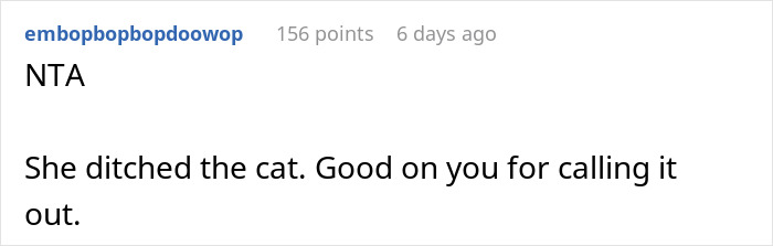 Reddit comment criticizing a woman for abandoning her cat, with supportive replies.