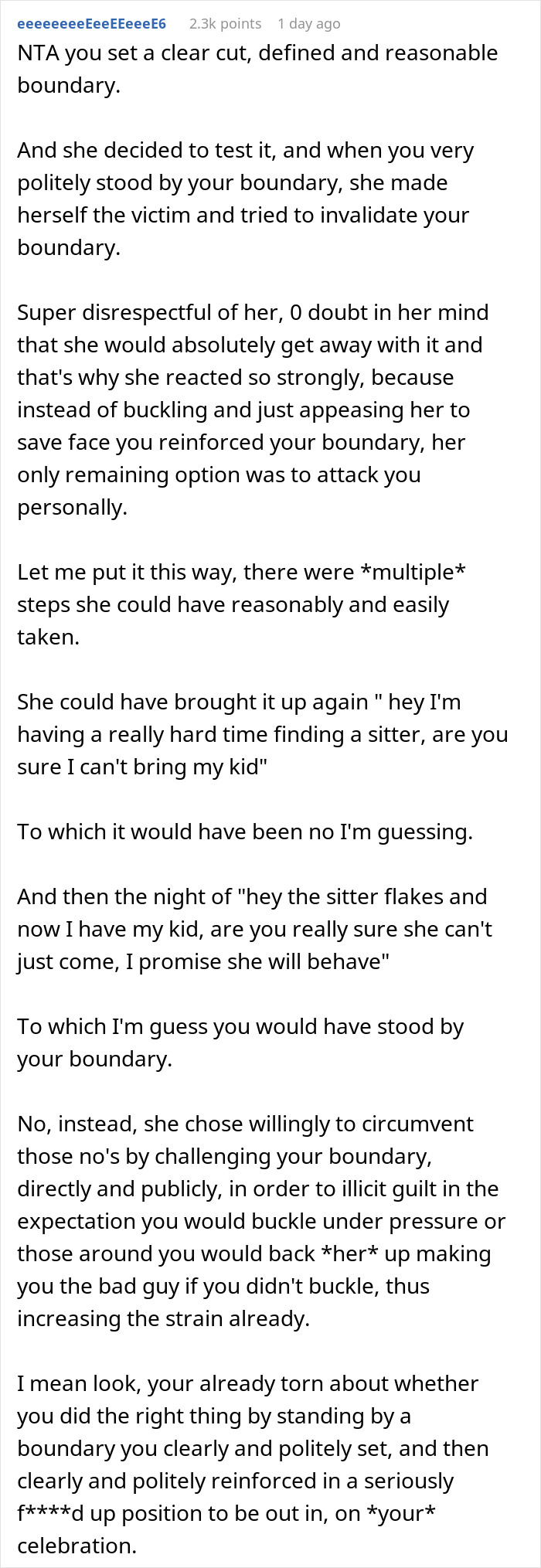 Text discussing boundaries about a child-free birthday dinner and a friend's reaction.