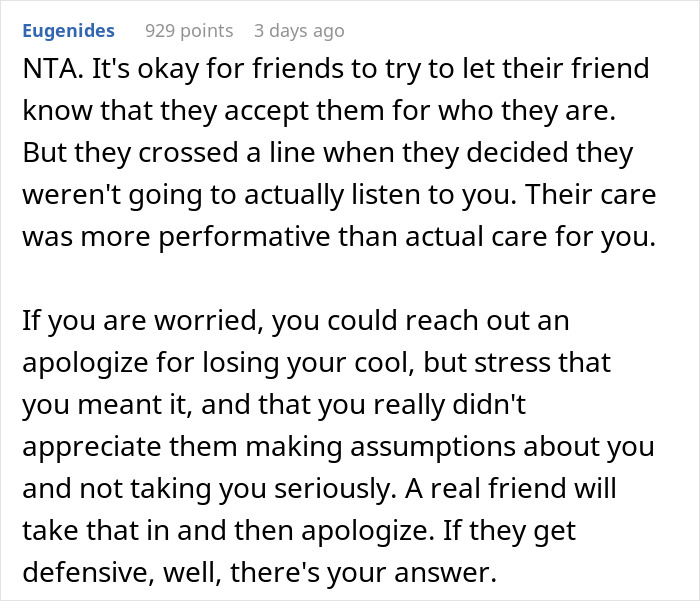 Text screenshot discussing friends making assumptions about a woman's appearance and sexuality. Text screenshot discussing friends making assumptions about a woman's appearance and sexuality.