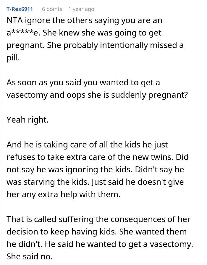 Text discussing a dad refusing to help with newborn twins, mentioning vasectomy decision consequences.