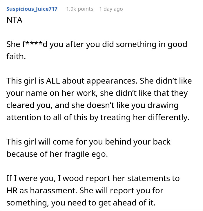 Comment criticizing a coworker's actions, suggesting reporting to HR for harassment, related to a colleague covering incident.