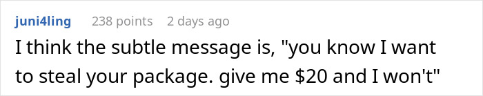 Comment about a neighbor borrowing money while delivering packages.