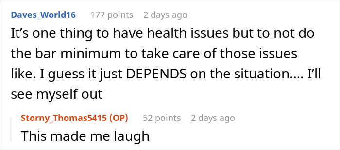 Comment about dealing with health issues humorously addresses a no-pants zone situation, followed by laughter. Comment about dealing with health issues humorously addresses a no-pants zone situation, followed by laughter.