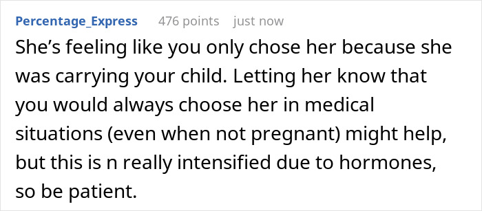 Online comment discussing feelings of wife upset about husband's motives during labor, focusing on the newborn.