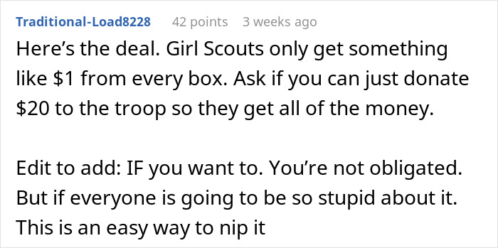 Text suggesting donating money to a Girl Scouts troop instead of buying cookies. Text suggesting donating money to a Girl Scouts troop instead of buying cookies.