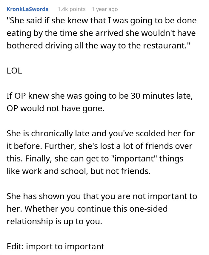 Text exchange about a woman being chronically late, friend eats without her. Discussion on relationship priorities. Text exchange about a woman being chronically late, friend eats without her. Discussion on relationship priorities.