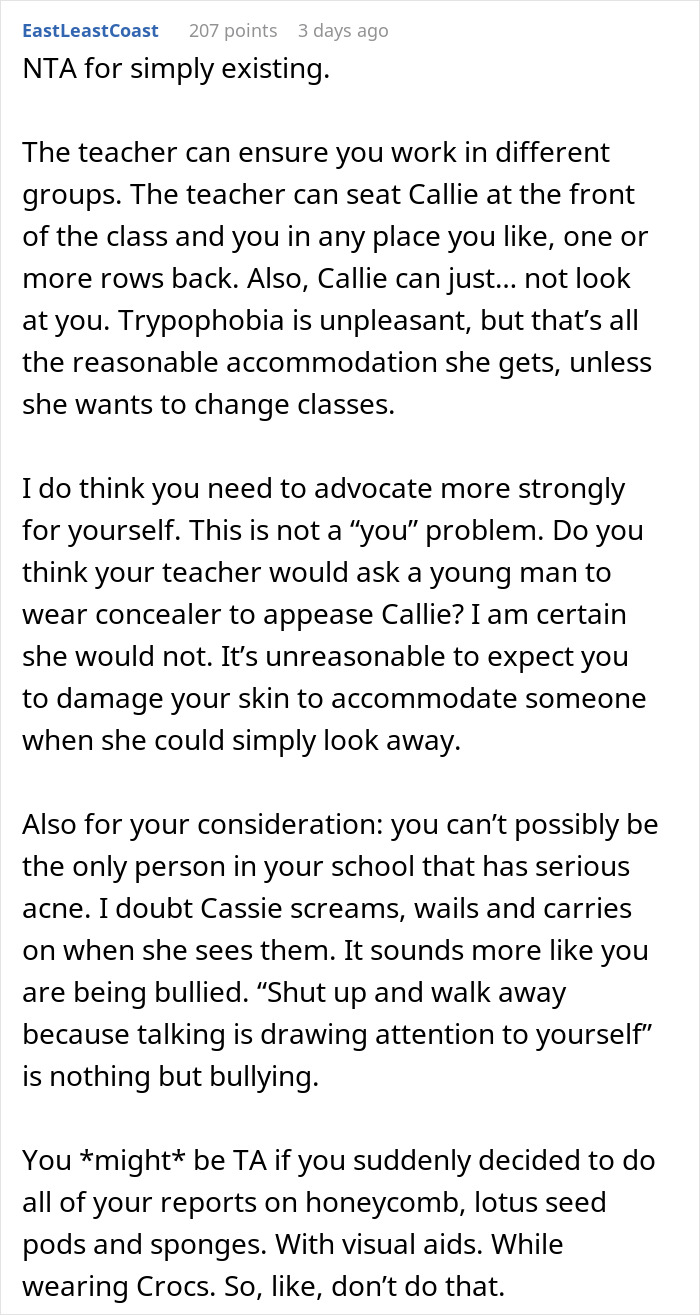 Text discussing how a student&rsquo;s acne and classmate's reactions raise issues of accommodation and bullying in school.